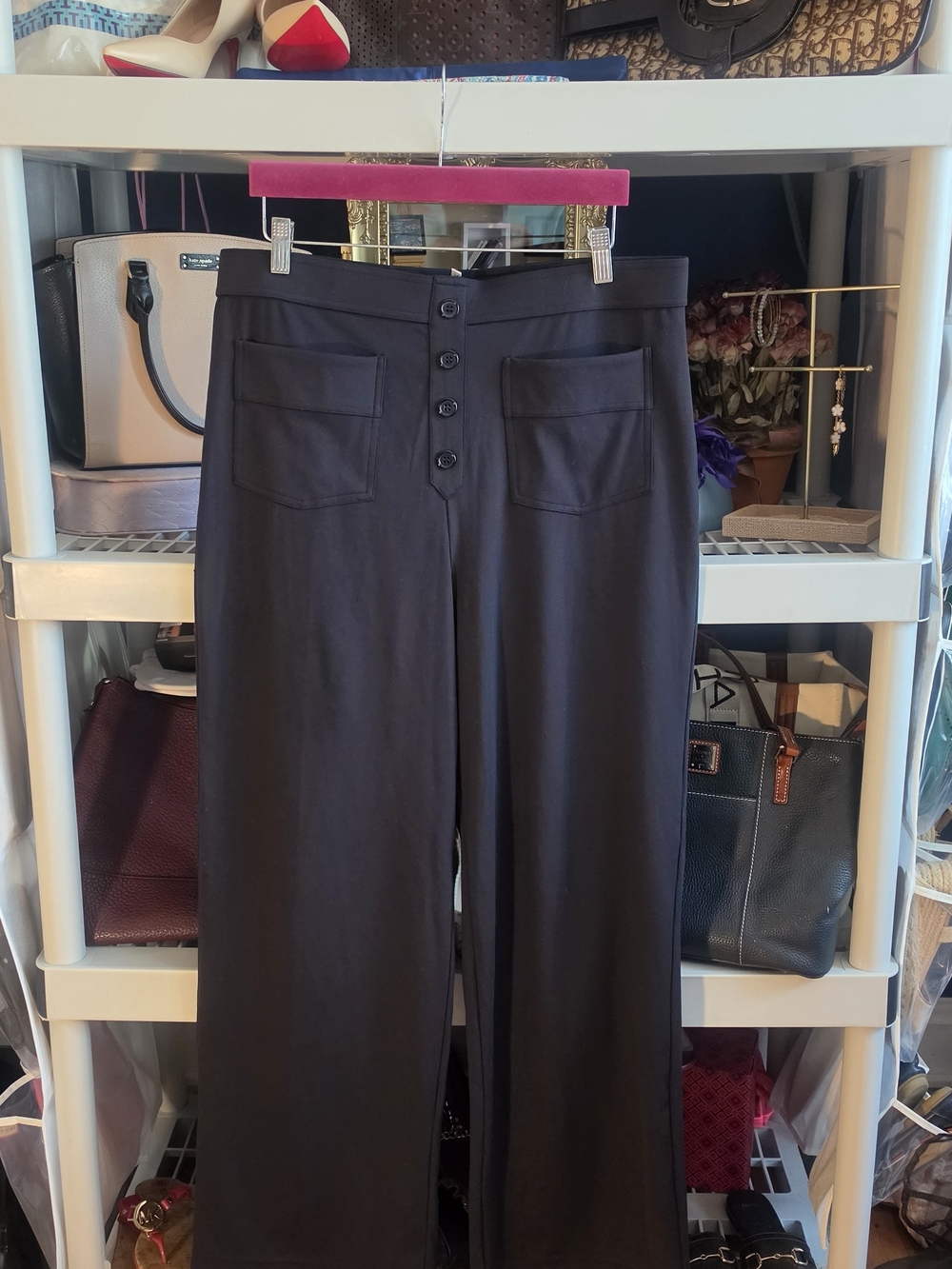 HALARA Navy Blue Wide-Leg Button-Front Pants with Patch Pockets